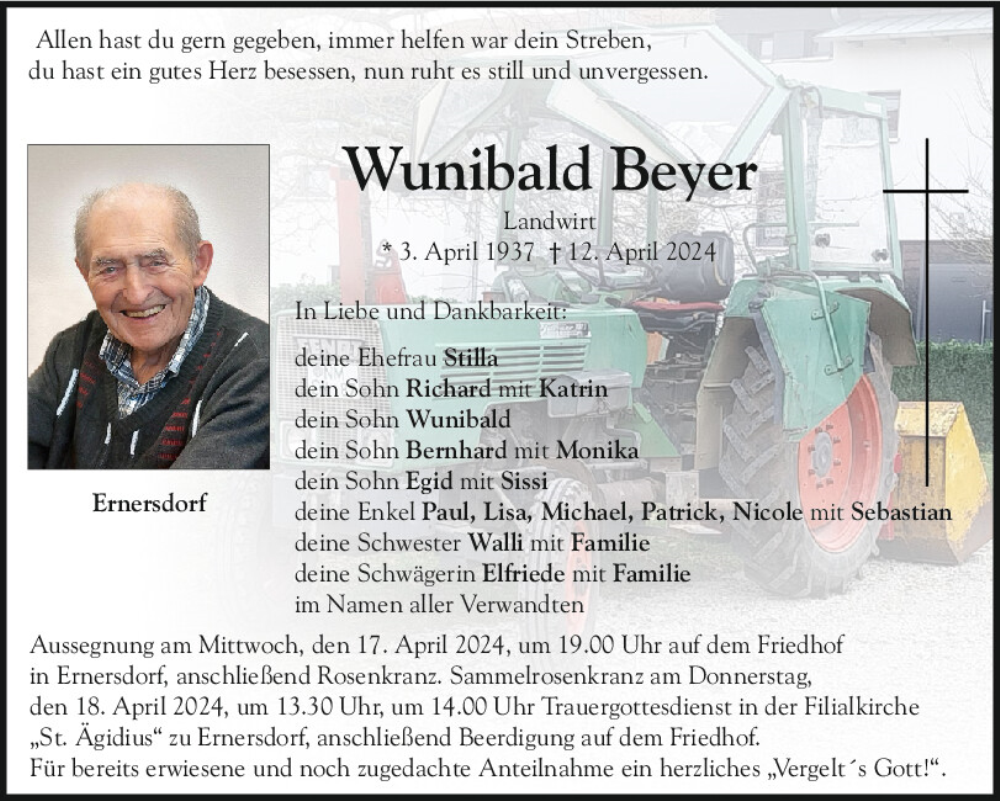 Traueranzeige für Wunibald Beyer vom 16.04.2024 aus Neumarkter Tagblatt