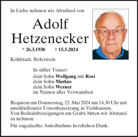 Traueranzeige von Adolf Hetzenecker von Mittelbayerische Zeitung Regensburg