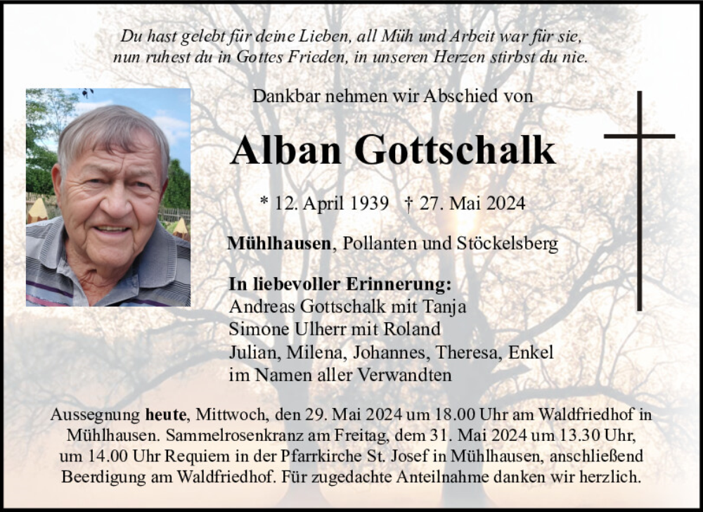  Traueranzeige für Alban Gottschalk vom 29.05.2024 aus Neumarkter Tagblatt