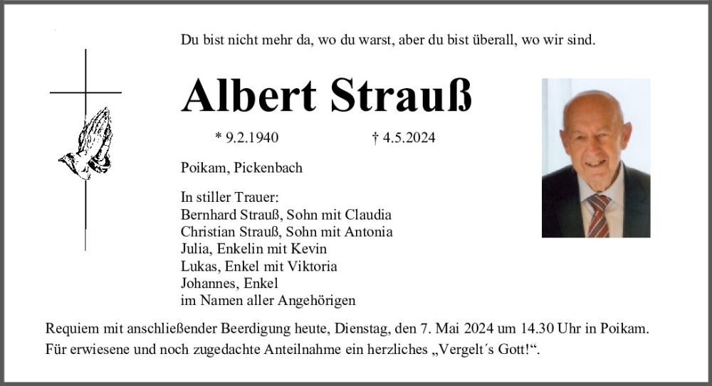  Traueranzeige für Albert Strauß vom 07.05.2024 aus Mittelbayerische Zeitung Kelheim