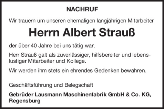 Traueranzeige von Albert Strauß von Mittelbayerische Zeitung Regensburg