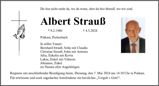 Traueranzeige von Albert Strauß von Mittelbayerische Zeitung Kelheim