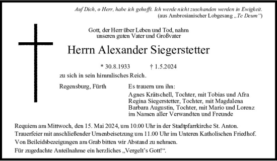 Traueranzeige von Alexander Siegerstetter von Mittelbayerische Zeitung Regensburg