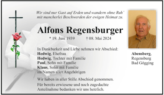Traueranzeige von Alfons Regensburger von Mittelbayerische Zeitung Kelheim