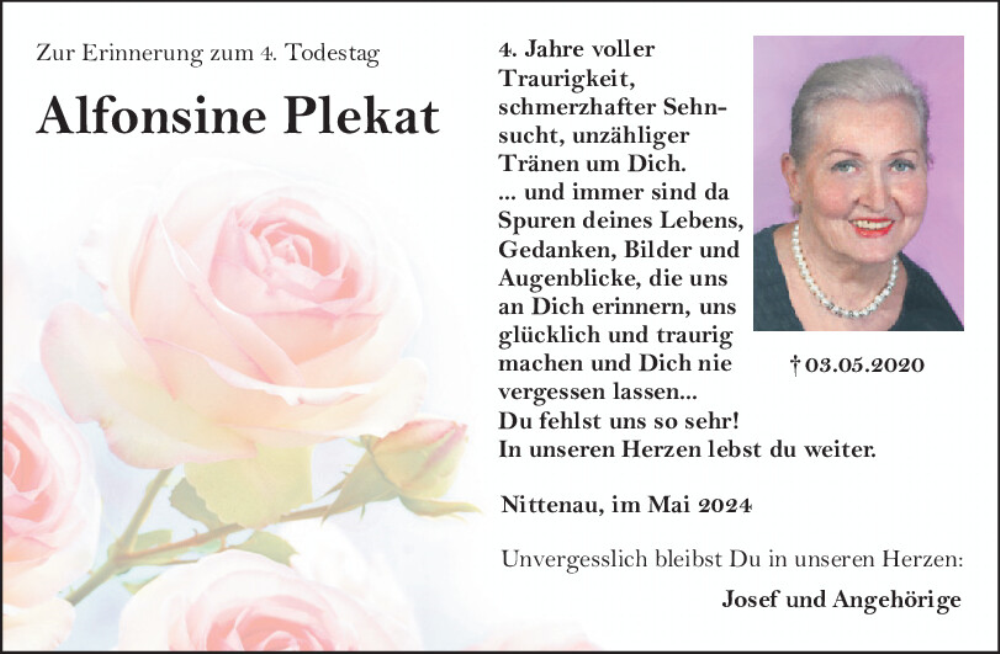  Traueranzeige für Alfonsine Plekat vom 03.05.2024 aus Mittelbayerische Zeitung Schwandorf