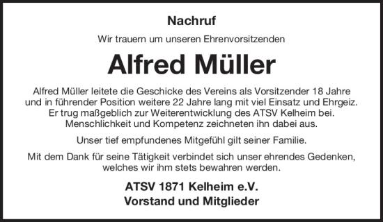 Traueranzeige von Alfred Müller von Mittelbayerische Zeitung Kelheim