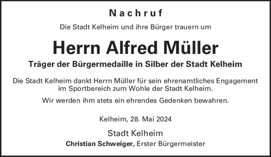 Traueranzeige von Alfred Müller von Mittelbayerische Zeitung Kelheim