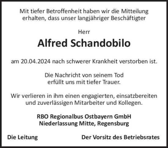 Traueranzeige von Alfred Schandobilo von Mittelbayerische Zeitung Kelheim