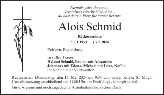Traueranzeige von Alois Schmid von Mittelbayerische Zeitung Regensburg