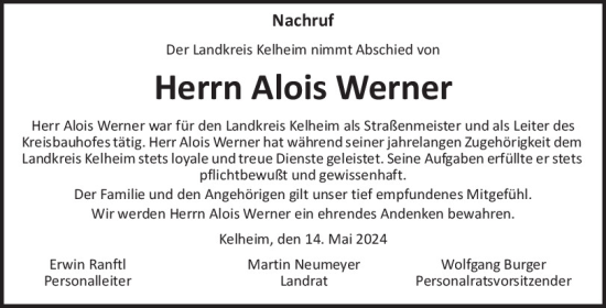 Traueranzeige von Alois Werner von Mittelbayerische Zeitung Kelheim