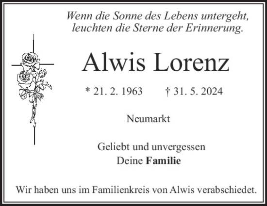 Traueranzeige von Alwis Lorenz von Neumarkter Tagblatt