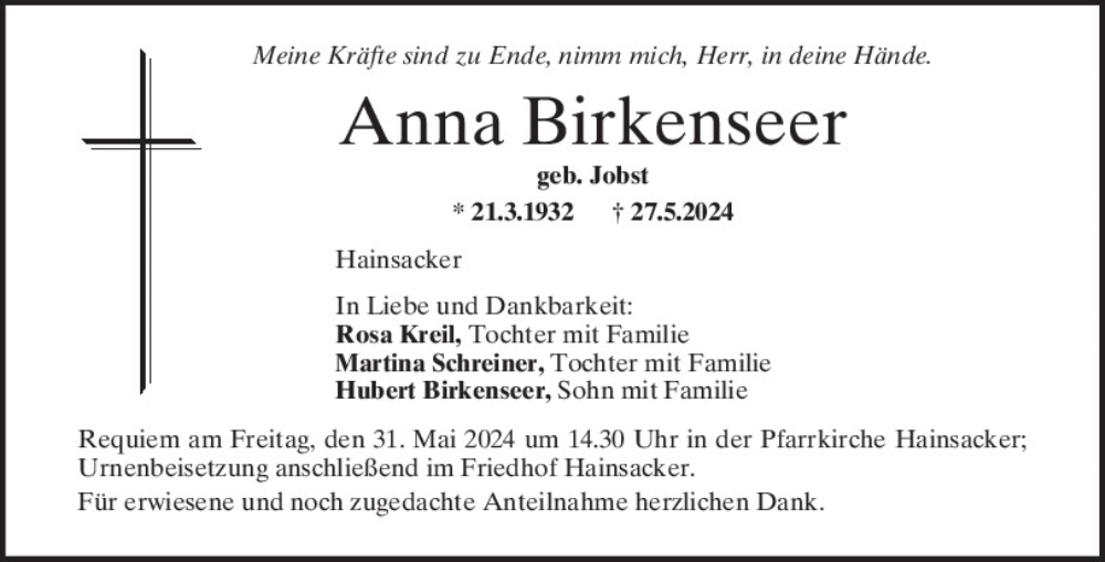  Traueranzeige für Anna Birkenseer vom 29.05.2024 aus Mittelbayerische Zeitung Regensburg
