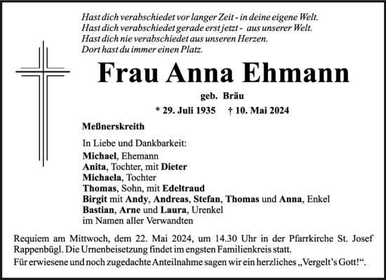 Traueranzeige von Anna Ehmann von Mittelbayerische Zeitung Schwandorf