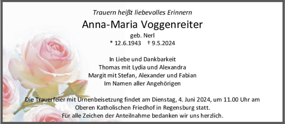  Traueranzeige für Anna-Maria Voggenreiter vom 30.05.2024 aus Mittelbayerische Zeitung Regensburg