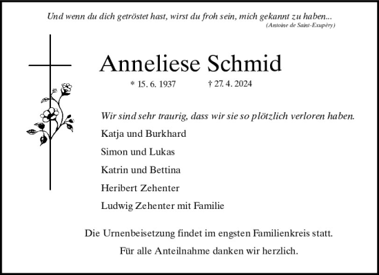 Traueranzeige von Anneliese Schmid von Mittelbayerische Zeitung Regensburg