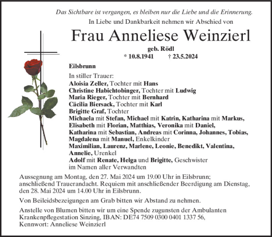 Traueranzeige von Anneliese Weinzierl von Mittelbayerische Zeitung Regensburg