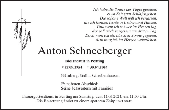 Traueranzeige von Anton Schneeberger von Mittelbayerische Zeitung Schwandorf