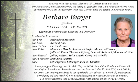 Traueranzeige von Barbara Burger von Neumarkter Tagblatt