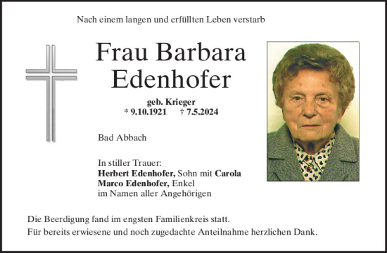 Traueranzeige von Barbara Edenhofer von Mittelbayerische Zeitung Regensburg