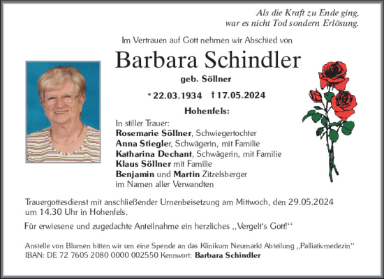 Traueranzeige von Barbara Schindler von Neumarkter Tagblatt