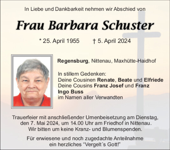 Traueranzeige von Barbara Schuster von Mittelbayerische Zeitung Schwandorf