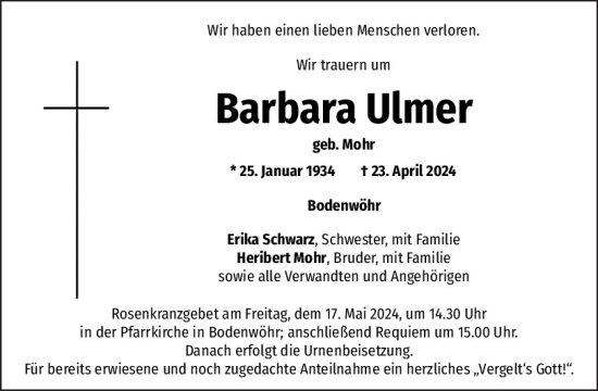 Traueranzeige von Barbara Ulmer von Mittelbayerische Zeitung Schwandorf