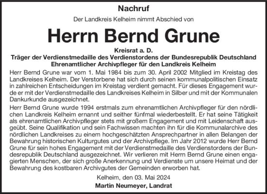 Traueranzeige von Bernd Grune von Mittelbayerische Zeitung Kelheim