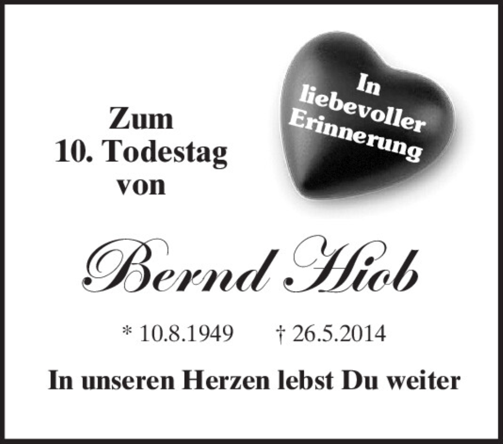  Traueranzeige für Bernd Hiob vom 25.05.2024 aus Bayerwald Echo