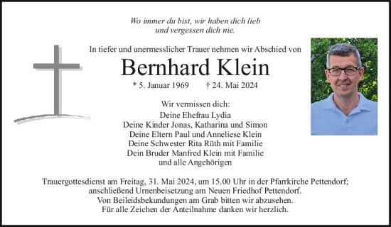 Traueranzeige von Bernhard Klein von Mittelbayerische Zeitung Regensburg