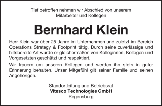 Traueranzeige von Bernhard Klein von Mittelbayerische Zeitung Regensburg