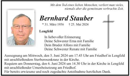 Traueranzeige von Bernhard Stauber von Mittelbayerische Zeitung Kelheim