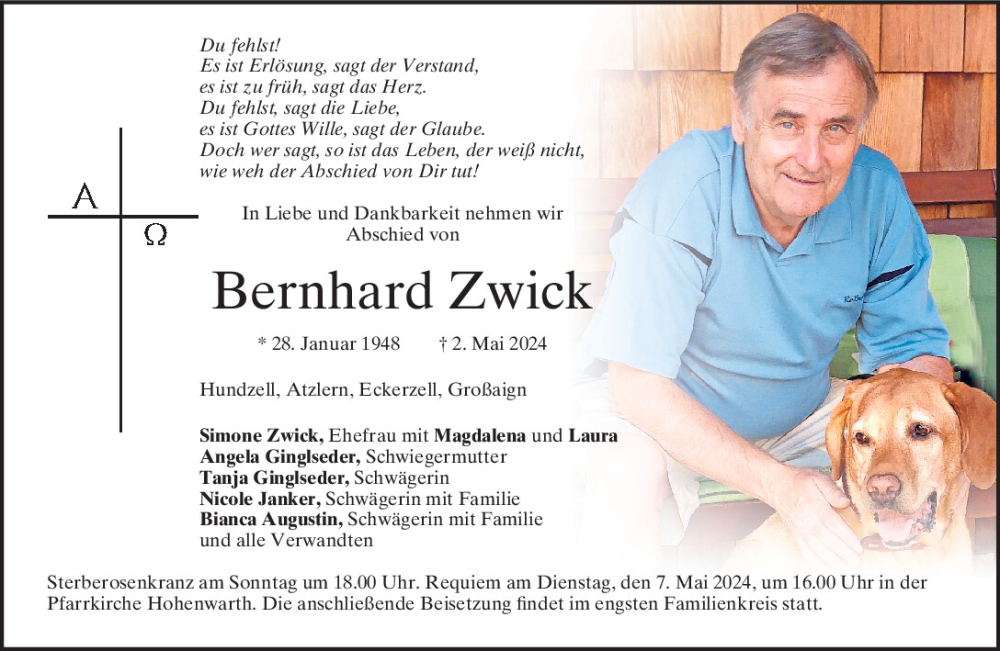  Traueranzeige für Bernhard Zwick vom 04.05.2024 aus Bayerwald Echo