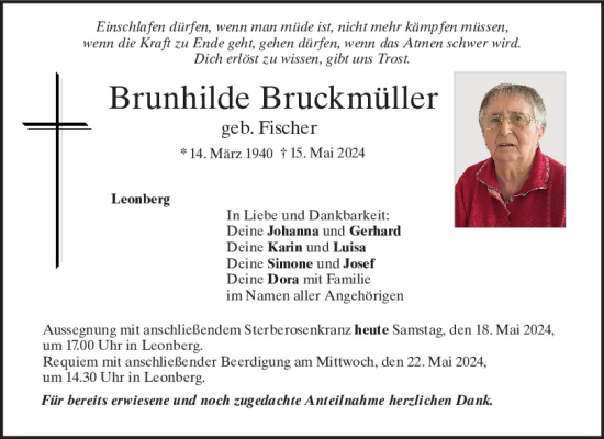 Traueranzeige von Brunhilde Bruckmüller von Mittelbayerische Zeitung Schwandorf