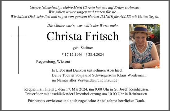 Traueranzeige von Christa Fritsch von Mittelbayerische Zeitung Regensburg