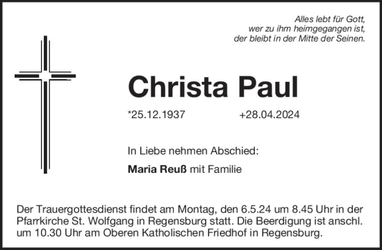 Traueranzeige von Christa Paul von Mittelbayerische Zeitung Regensburg