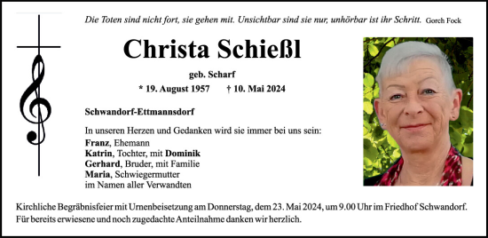 Traueranzeige von Christa Schießl von Mittelbayerische Zeitung Schwandorf