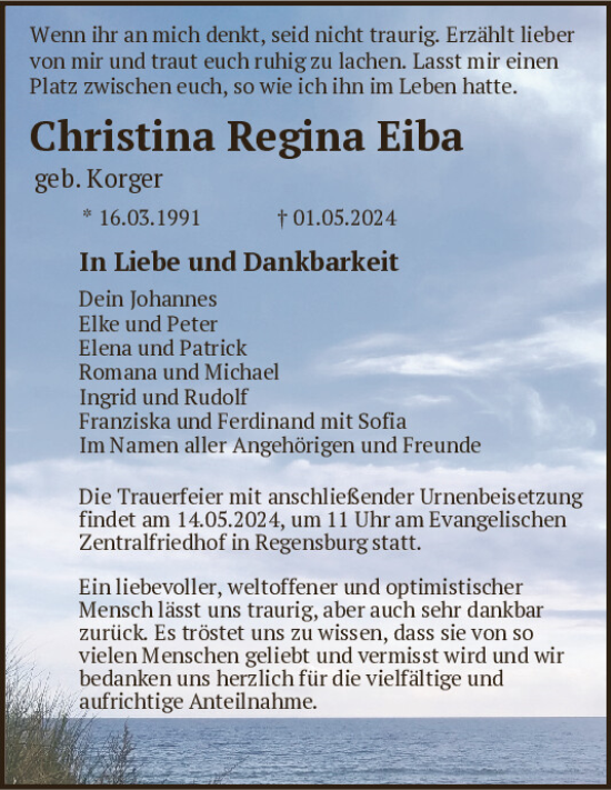 Traueranzeige von Christina Regina Eiba von Mittelbayerische Zeitung Regensburg