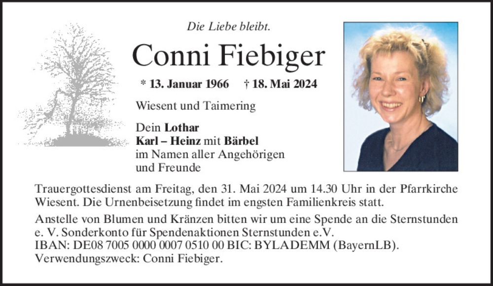  Traueranzeige für Conni Fiebiger vom 29.05.2024 aus Mittelbayerische Zeitung Regensburg