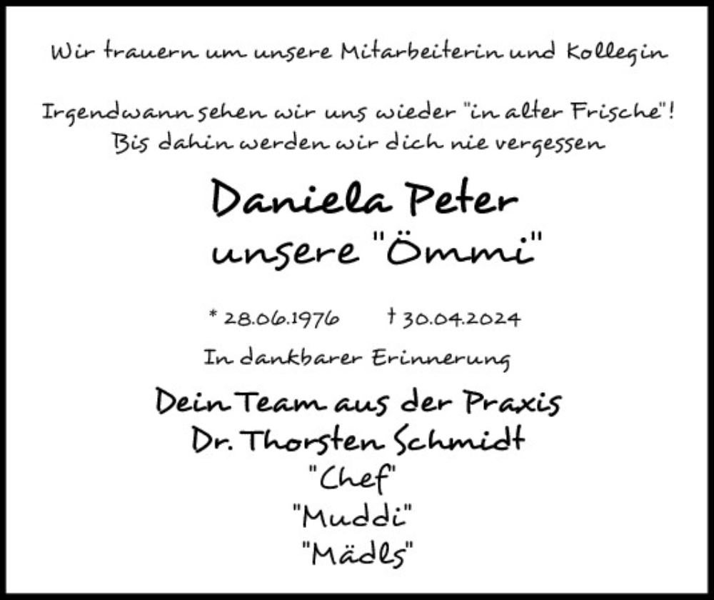  Traueranzeige für Daniela Peter vom 04.05.2024 aus Mittelbayerische Zeitung Schwandorf