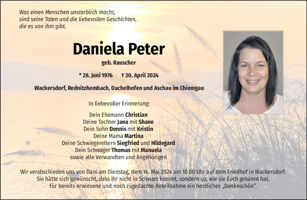  Traueranzeige für Daniela Peter vom 04.05.2024 aus Mittelbayerische Zeitung Schwandorf