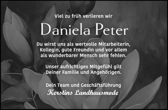 Traueranzeige von Daniela Peter von Mittelbayerische Zeitung Schwandorf