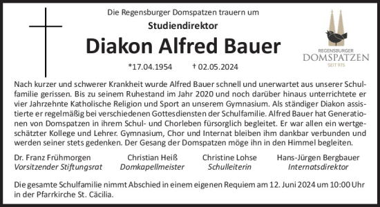 Traueranzeige von Diakon Alfred Bauer von Mittelbayerische Zeitung Regensburg