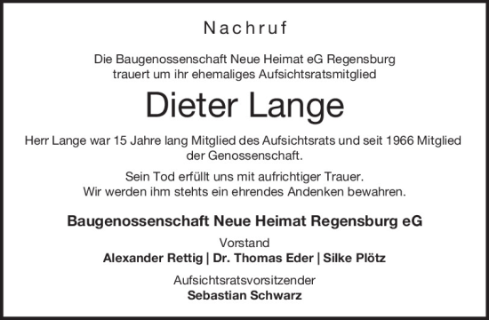 Traueranzeige von Dieter Lange von Mittelbayerische Zeitung Regensburg