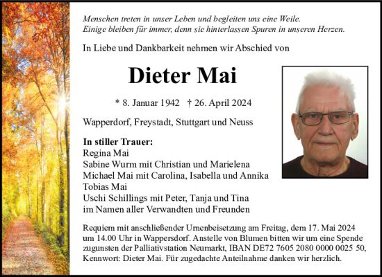 Traueranzeige von Dieter Mai von Neumarkter Tagblatt