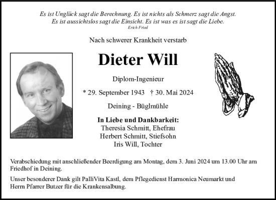 Traueranzeige von Dieter Will von Neumarkter Tagblatt