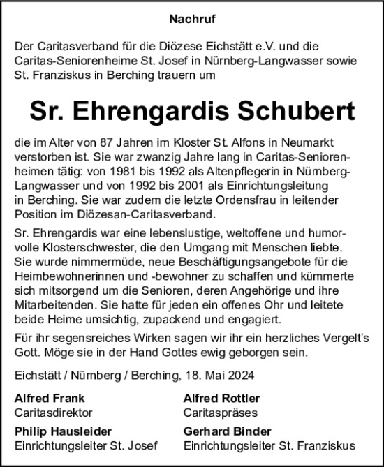 Traueranzeige von Ehrengardis Schubert von Neumarkter Tagblatt