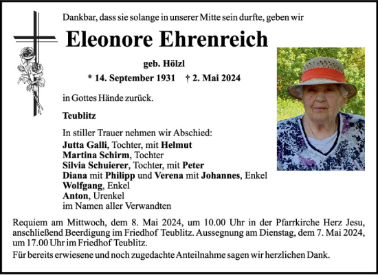 Traueranzeige von Eleonore Ehrenreich von Mittelbayerische Zeitung Schwandorf