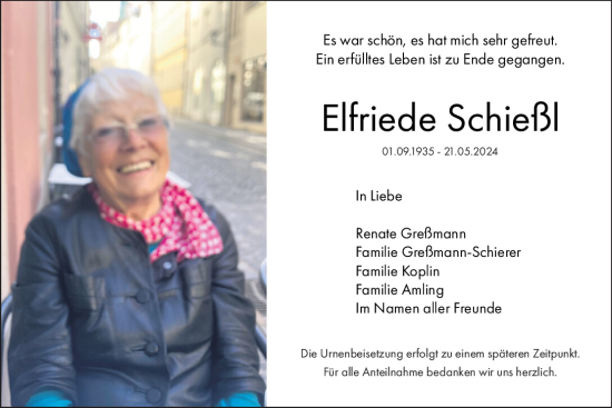 Traueranzeige von Elfriede Schießl von Mittelbayerische Zeitung Regensburg