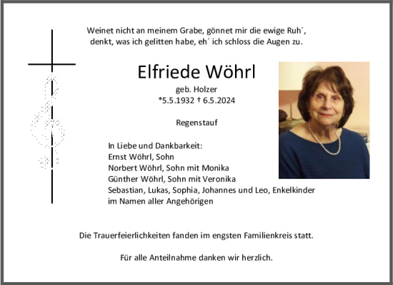 Traueranzeige von Elfriede Wöhrl von Mittelbayerische Zeitung Regensburg