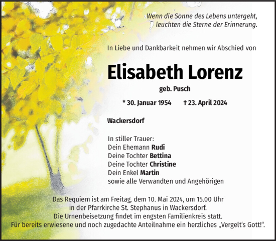 Traueranzeige von Elisabeth Lorenz von Mittelbayerische Zeitung Schwandorf
